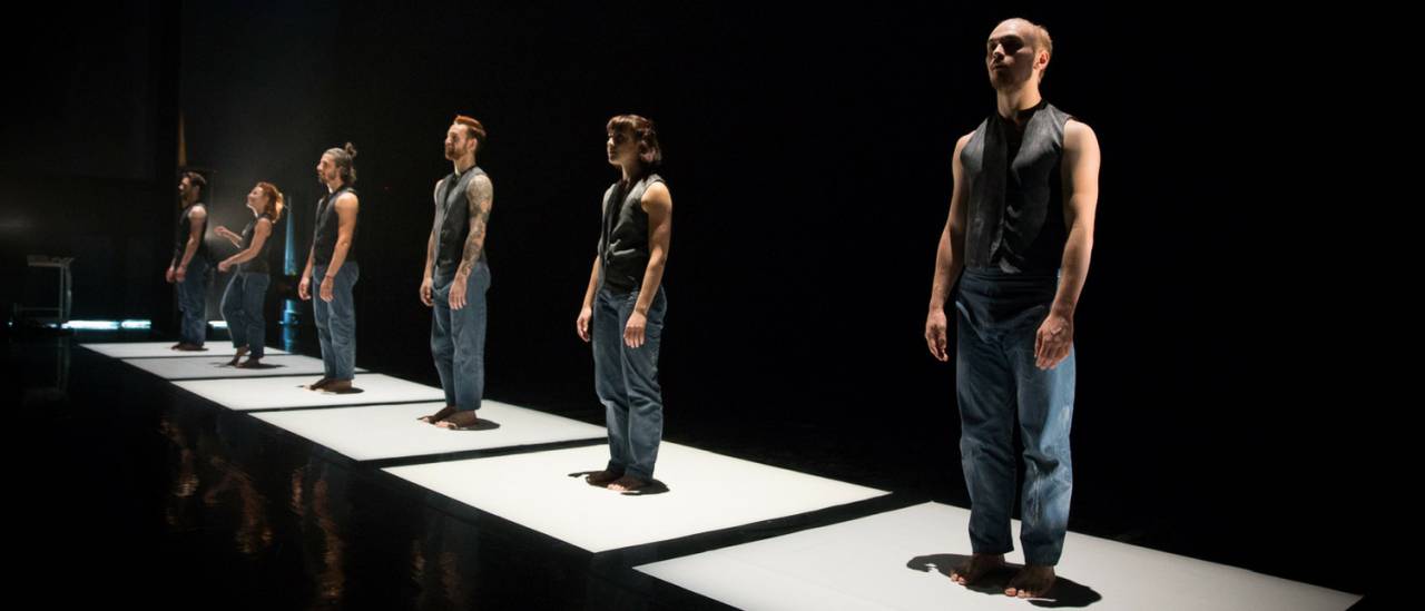 6 dancers in a row each standing on a white square