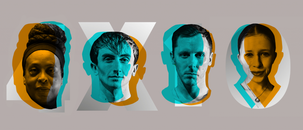 four artists headshots with blue and orange treatment and the text 4X10