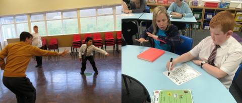 2 images one with 2 a boy dancing with dance ambassador and the other with a boy doing work with a dancer helping